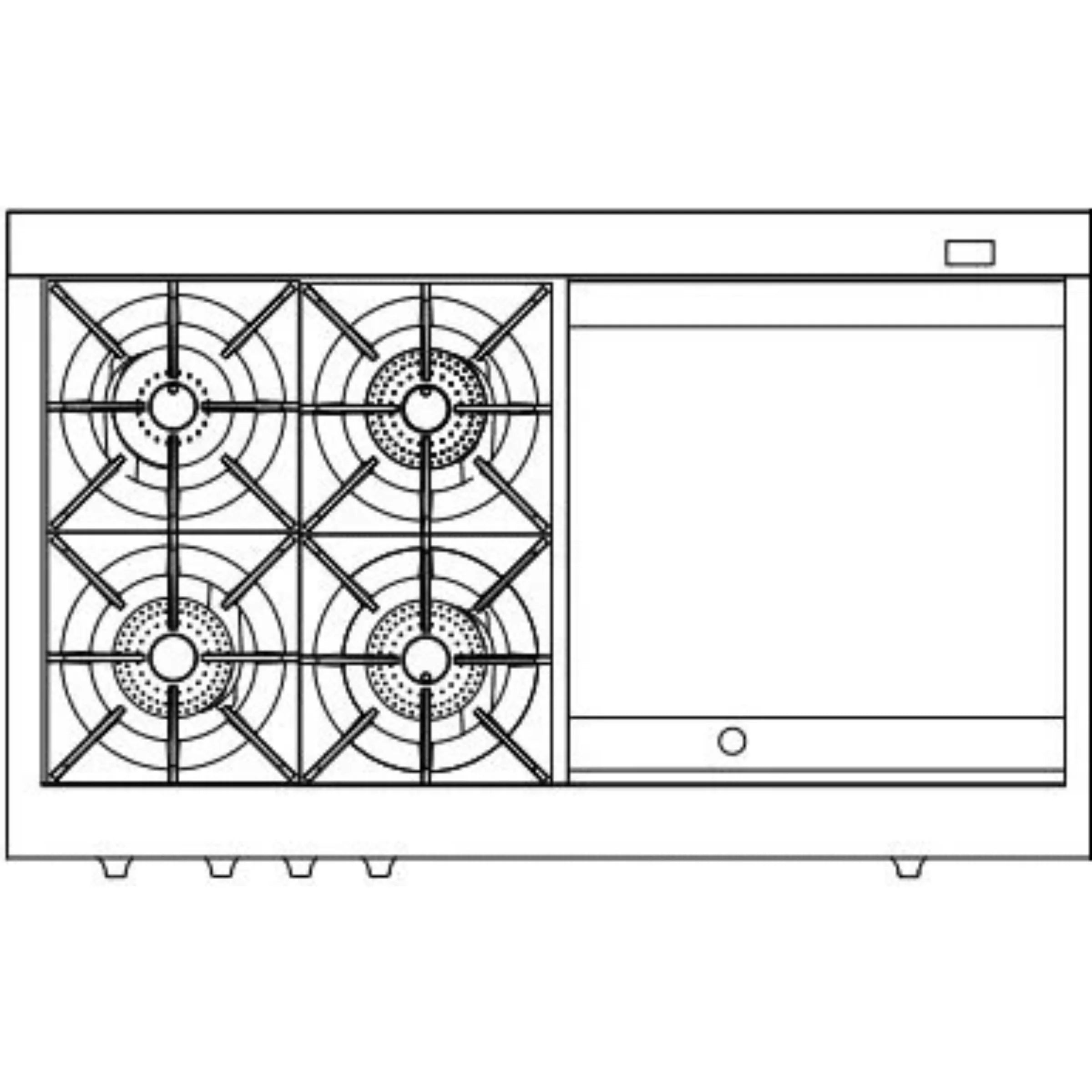 Side view of dual fuel range showing four burner grates and control panel