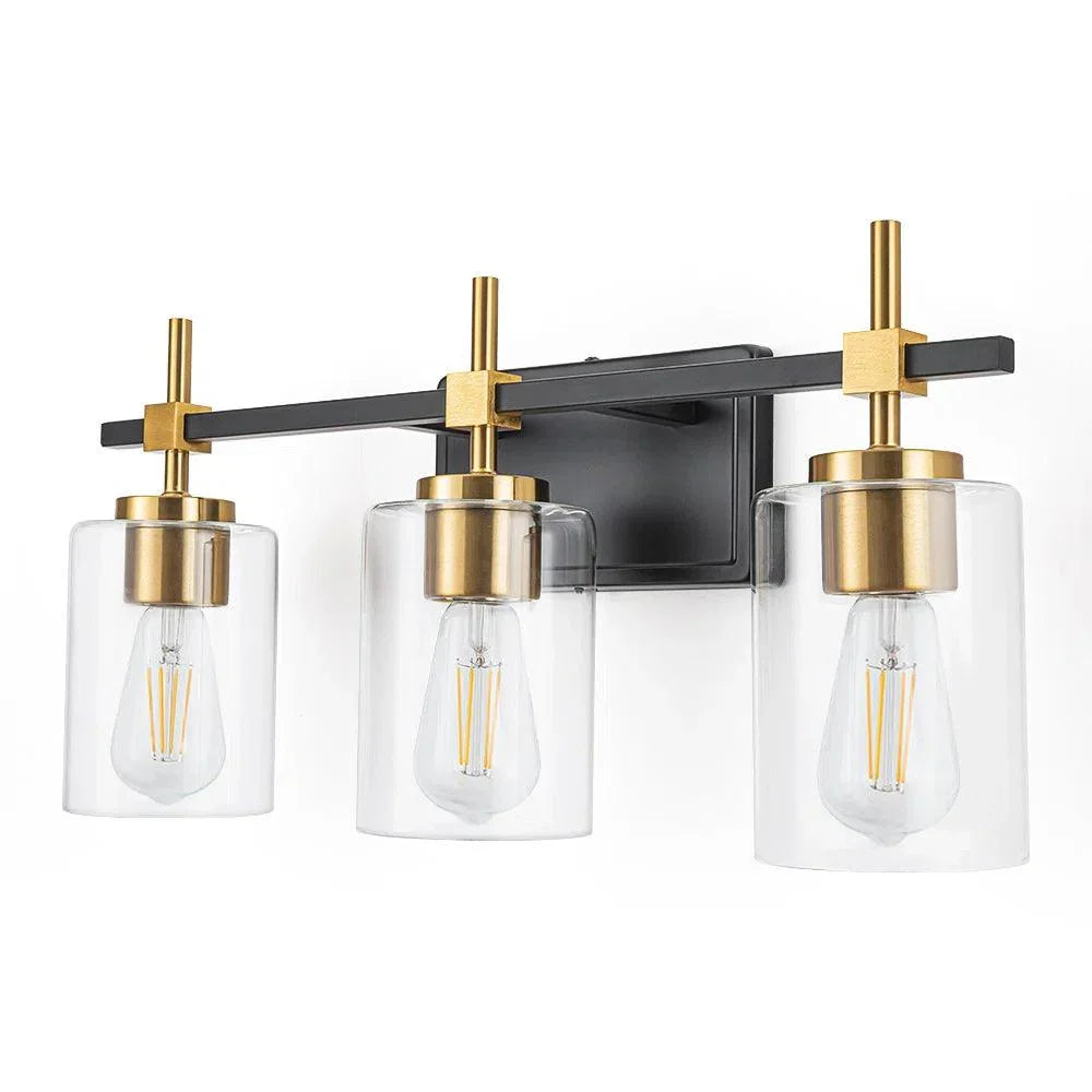 3-light bathroom vanity light with clear glass shades and black wall mount, gold sockets