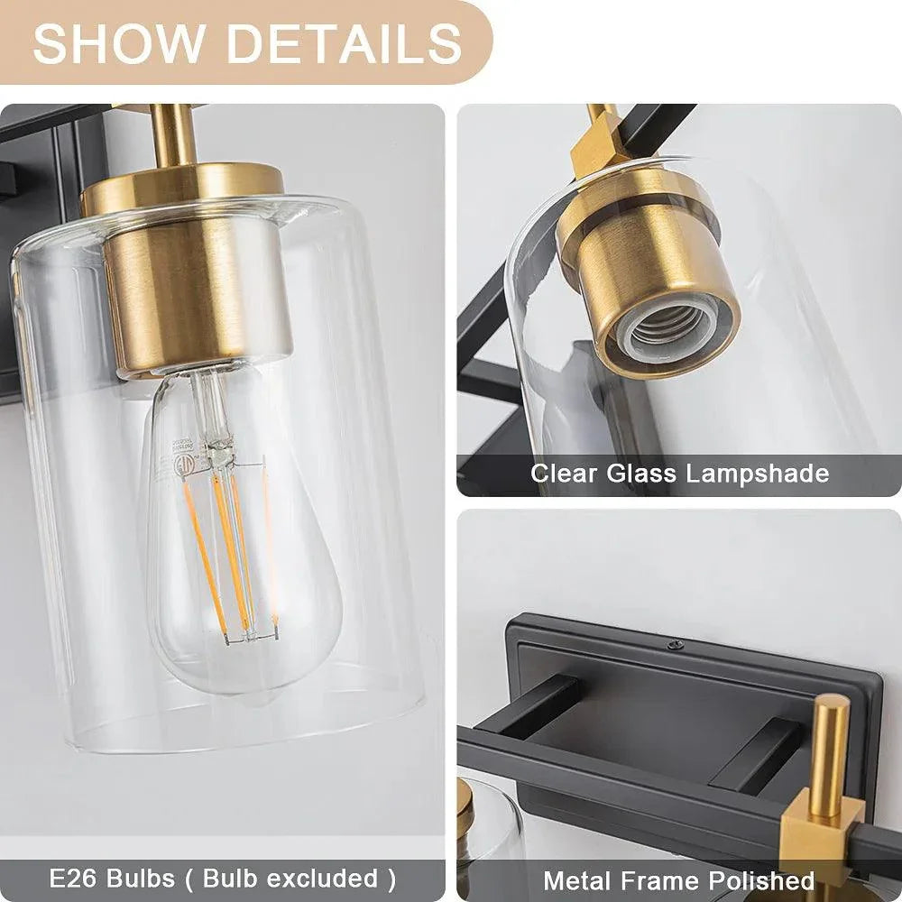 3-light bathroom vanity light close-up: clear glass lamp shades and polished metal frame
