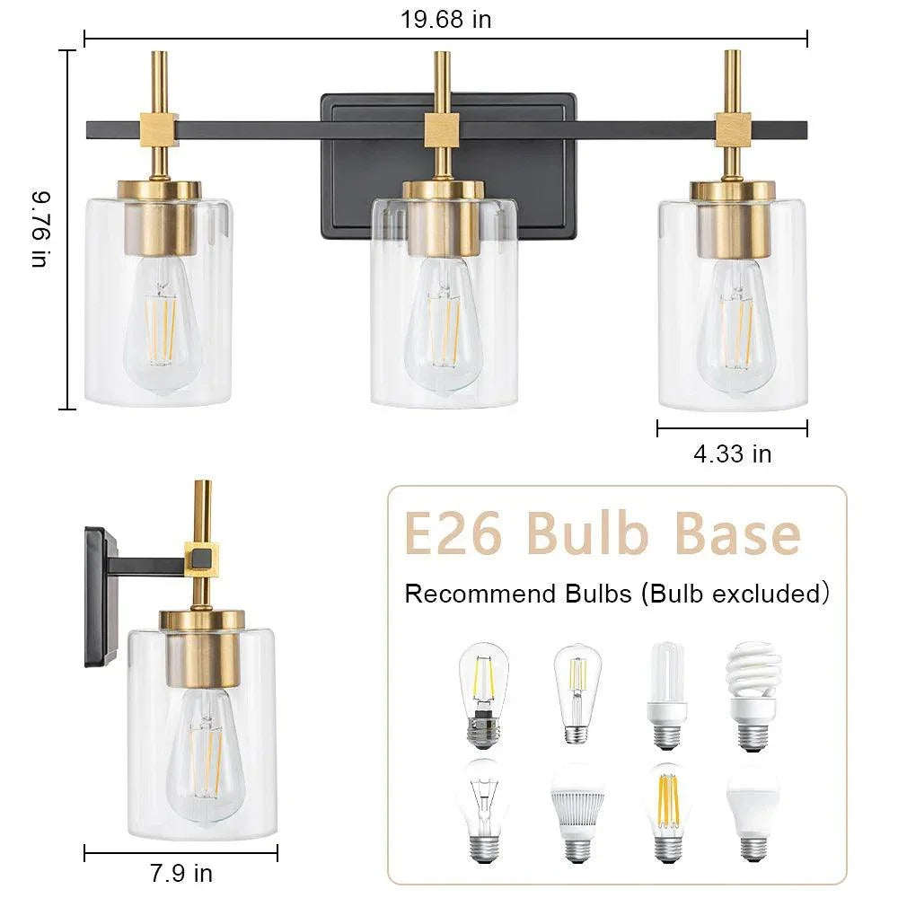 3-light bathroom vanity light dimensions view, black frame, clear glass shades, gold caps