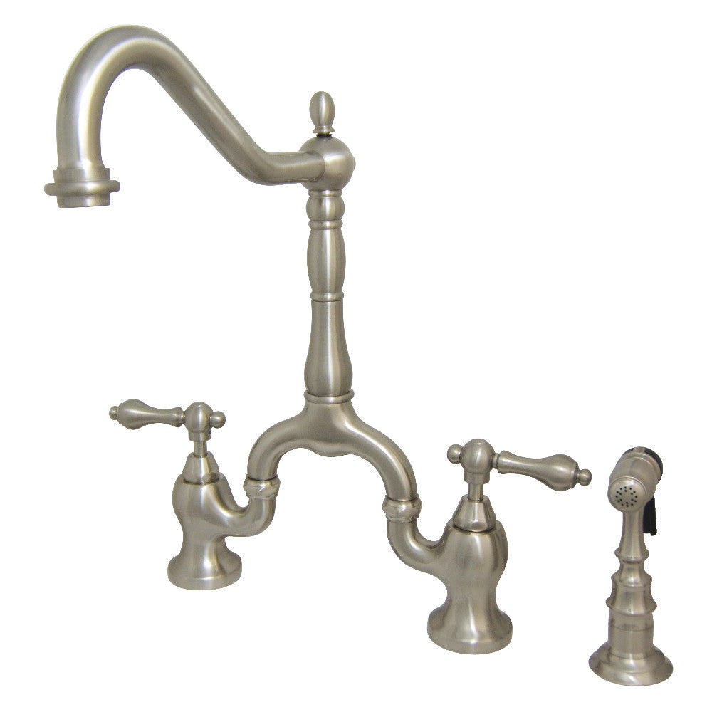 Brushed nickel bridge kitchen faucet with side sprayer and curved gooseneck