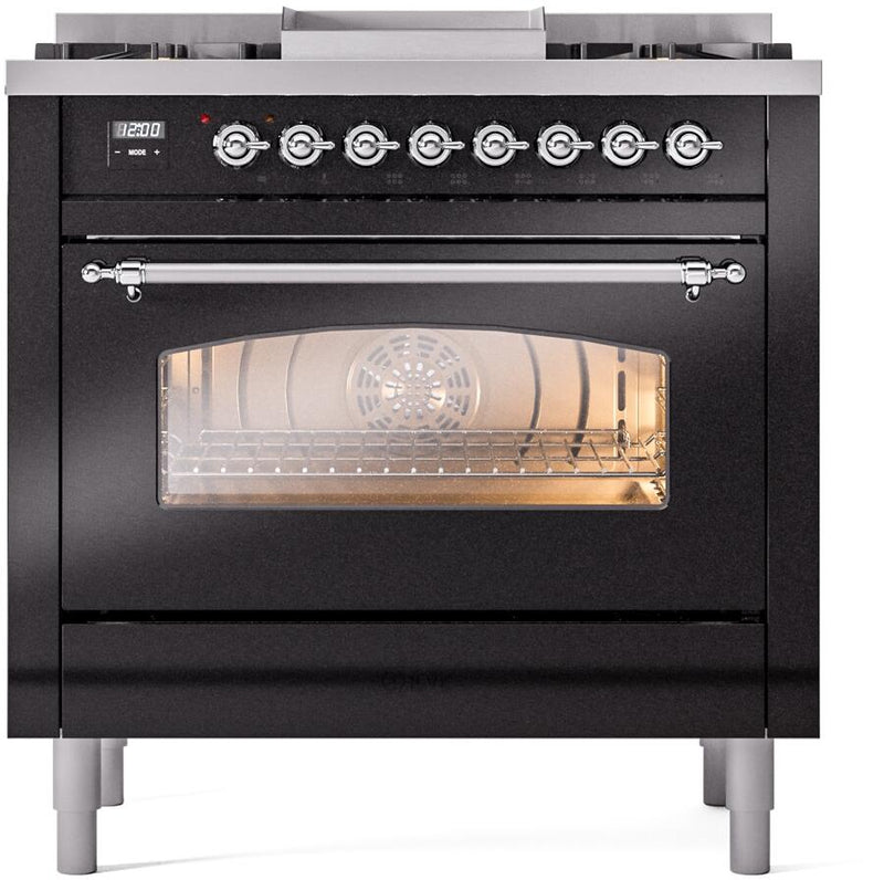 ILVE Nostalgie II 36-Inch Dual Fuel Freestanding Range in Glossy Black with Chrome Trim (UP36FNMPBKC)