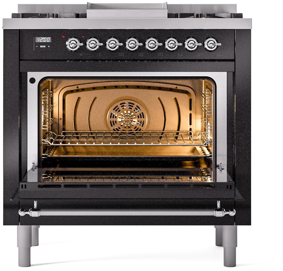 Open oven door showing rack inside a glossy black range