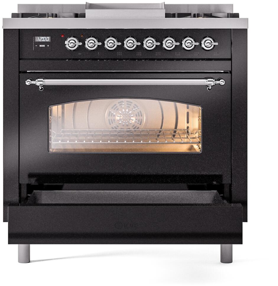 Glossy black dual-fuel range with chrome oven handle and oven window, freestanding.