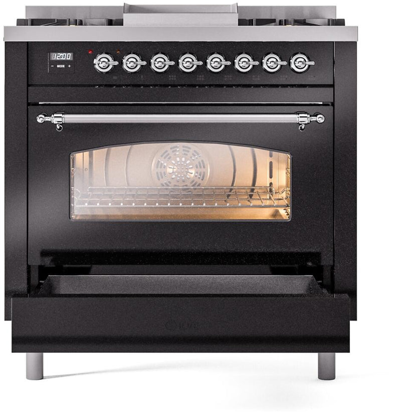 ILVE Nostalgie II 36-Inch Dual Fuel Freestanding Range in Glossy Black with Chrome Trim (UP36FNMPBKC)