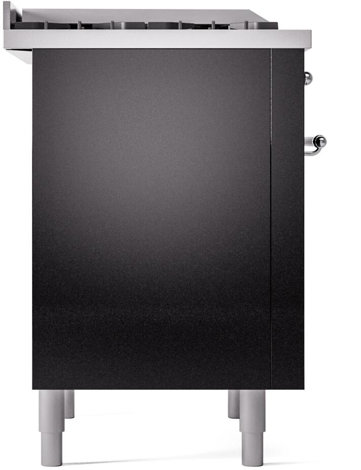 Freestanding glossy black side panel of dual-fuel range with leveling feet.