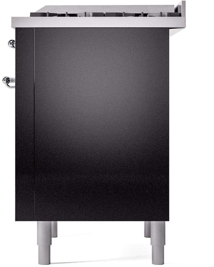 Rear view of glossy black freestanding dual-fuel range