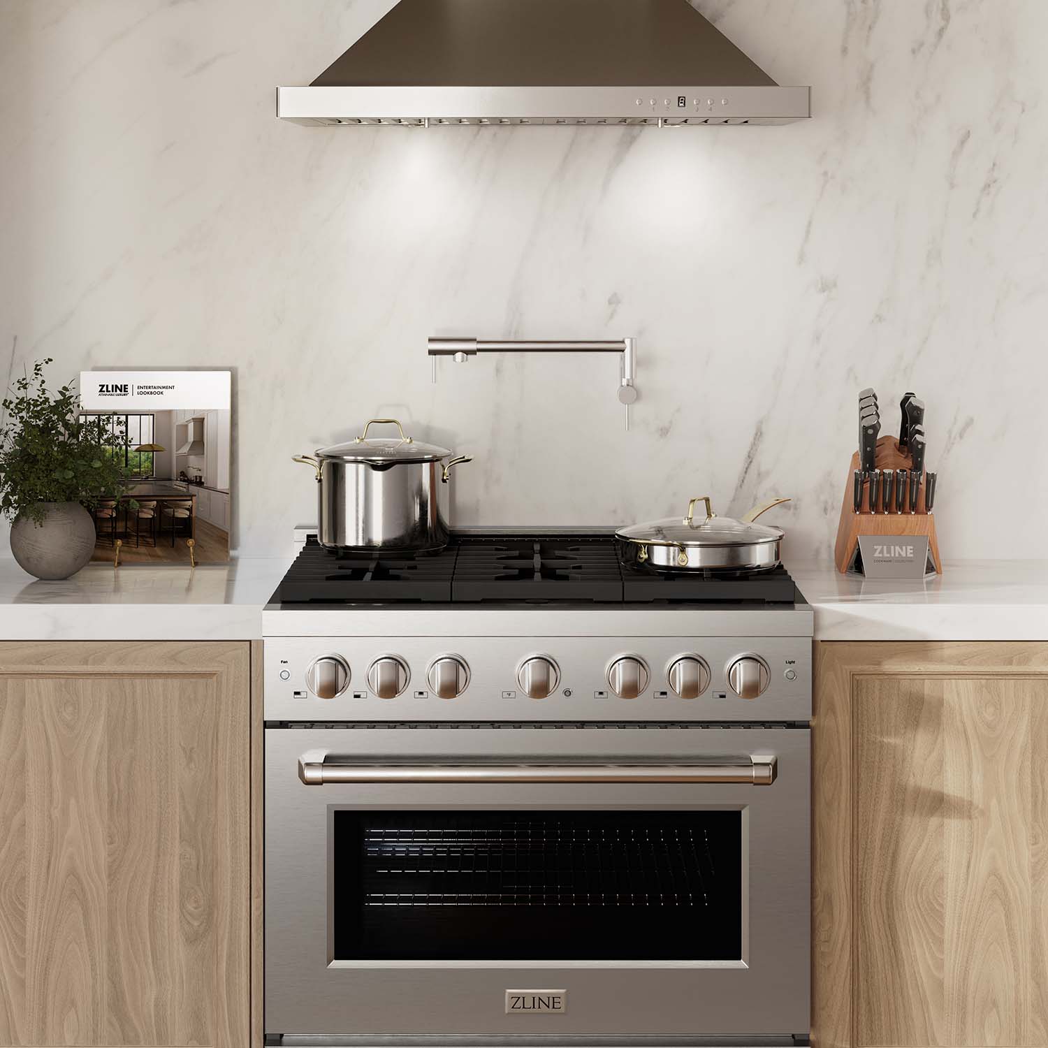 Stainless steel 6-burner gas range with convection oven and control knobs