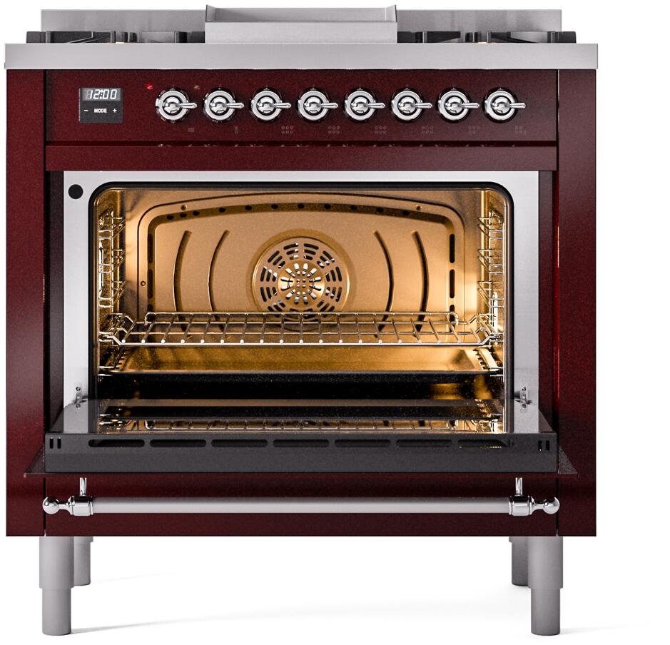 Burgundy dual fuel range oven door open showing interior racks and heating elements