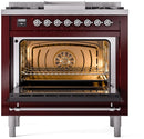 ILVE Nostalgie II 36-Inch Freestanding Natural Gas Dual Fuel Range in Burgundy with Chrome Trim (UP36FNMPBUC)