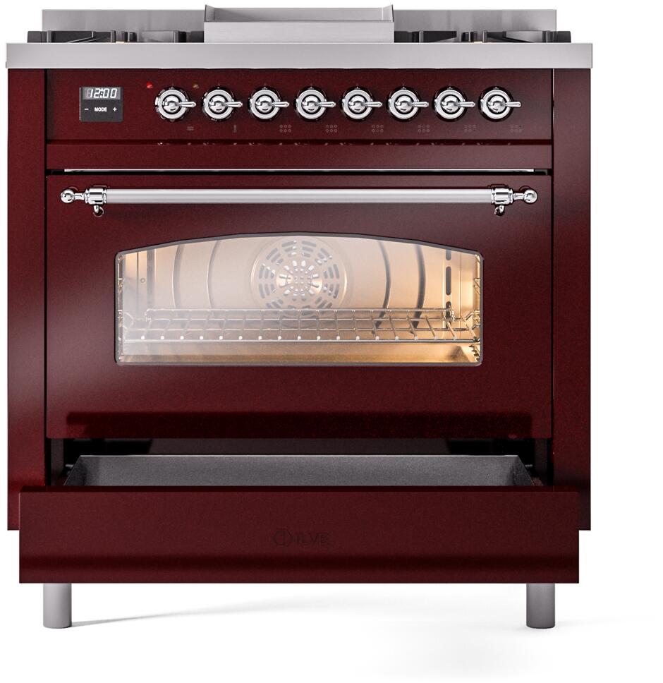 Burgundy dual fuel range oven door with clear window and chrome bar handle