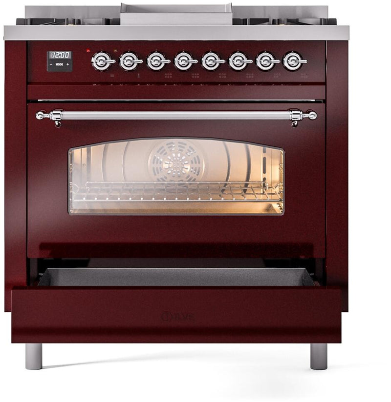 ILVE Nostalgie II 36-Inch Dual Fuel Freestanding Range in Burgundy with Chrome Trim (UP36FNMPBUC)