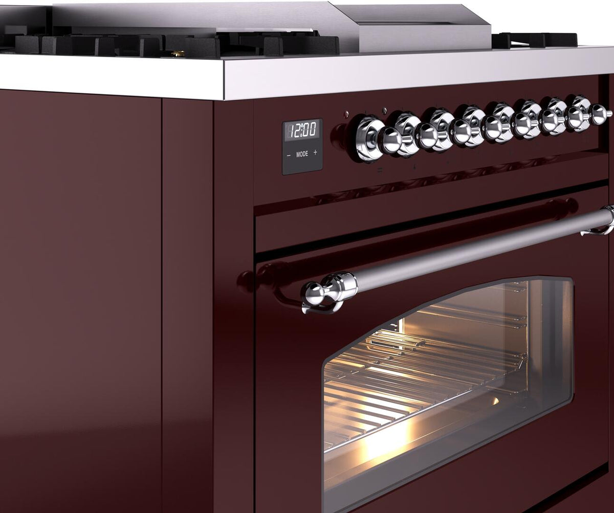 Burgundy dual fuel freestanding range control panel with chrome knobs and side oven window