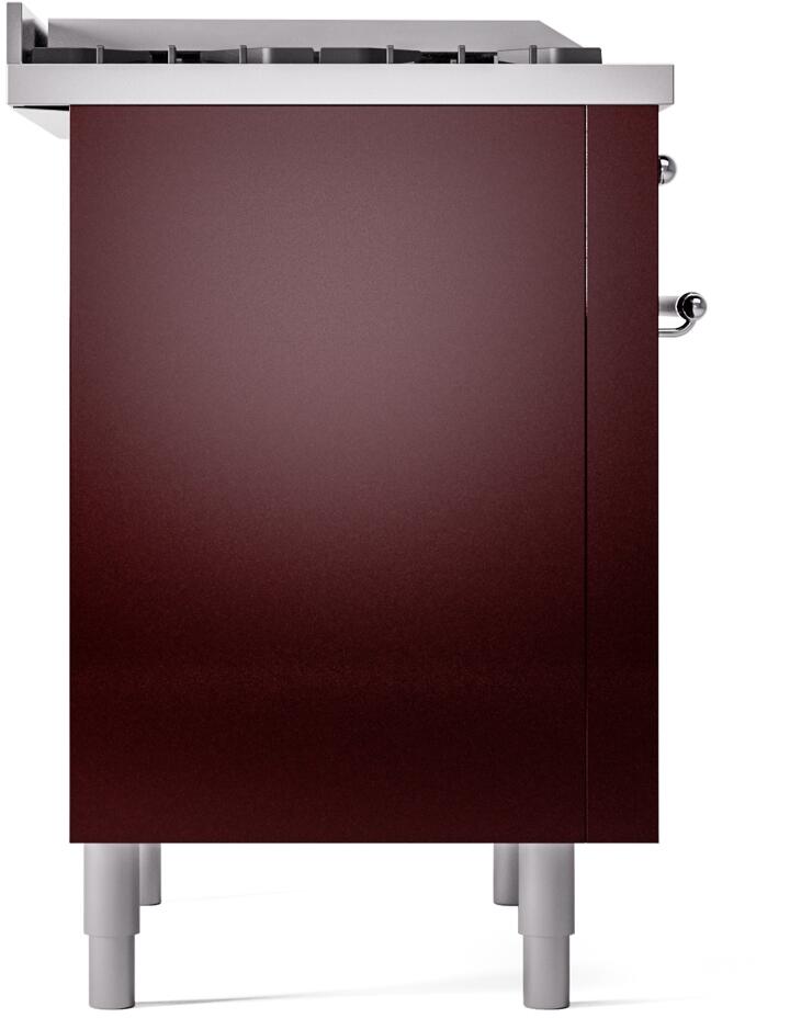 Burgundy freestanding dual fuel range side panel with legs and rear trim
