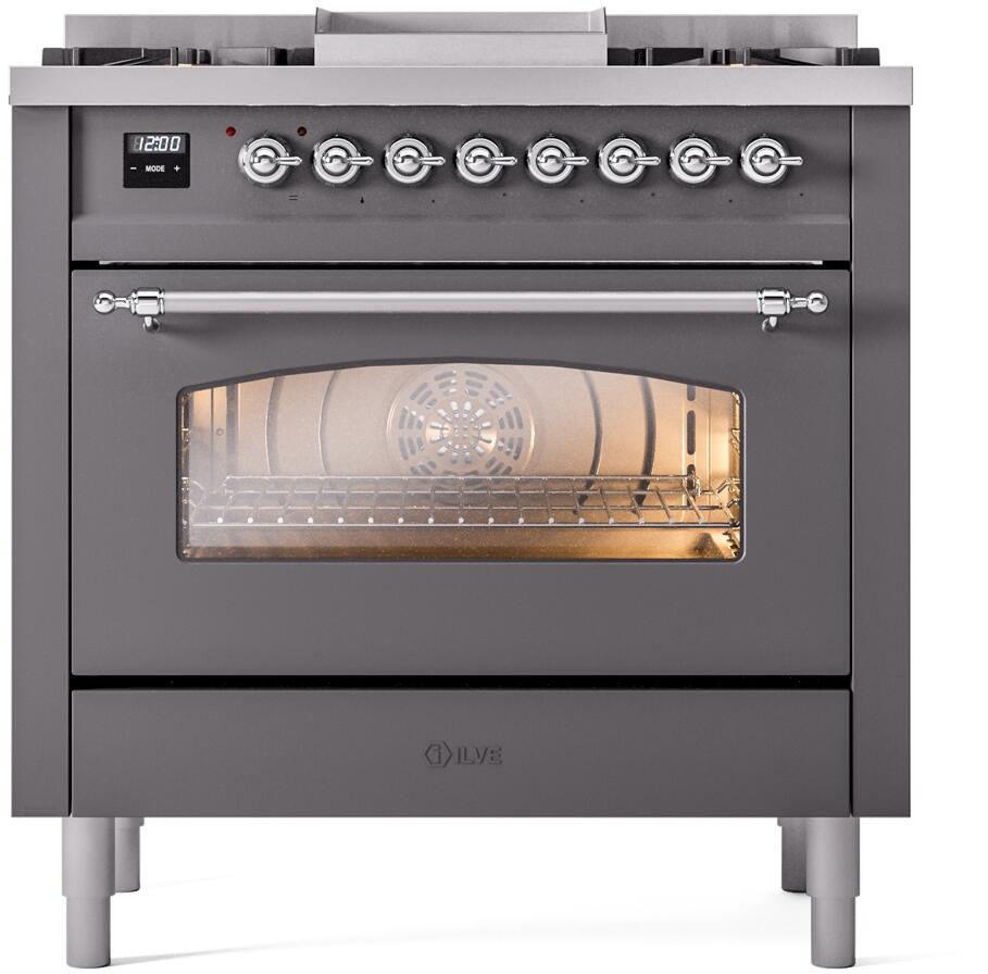 Matte graphite freestanding dual fuel range with chrome control knobs and oven window