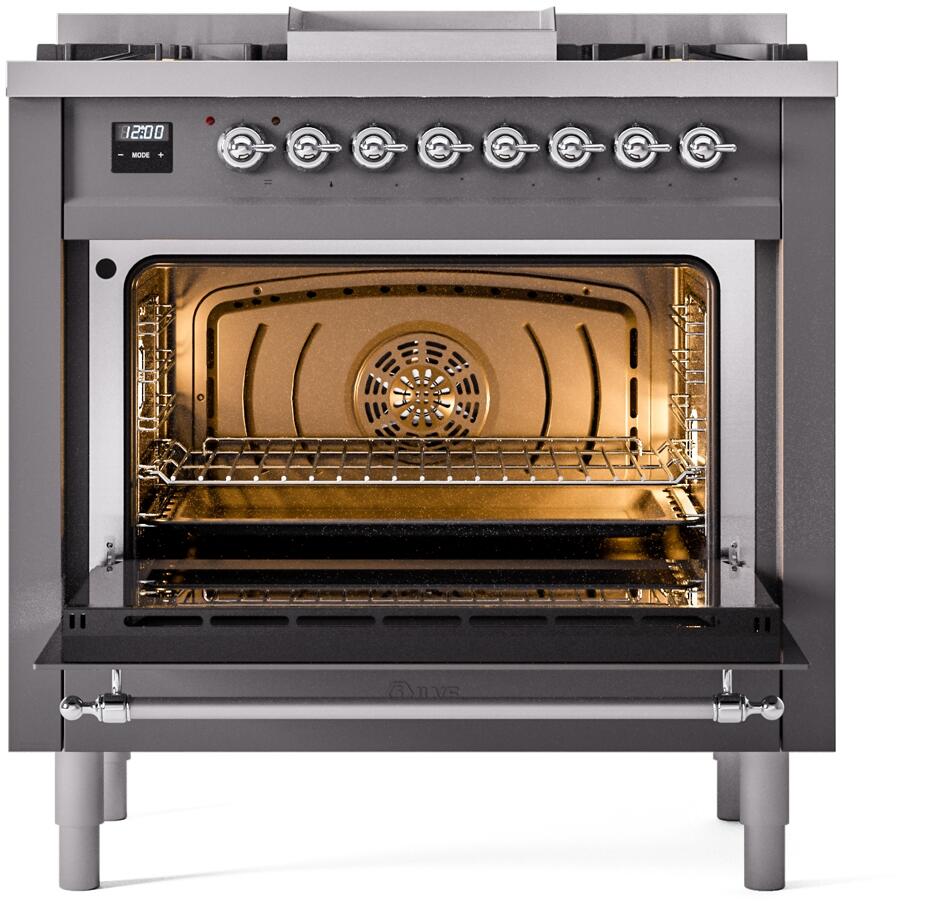 Matte graphite dual fuel range with oven door open and interior bake rack