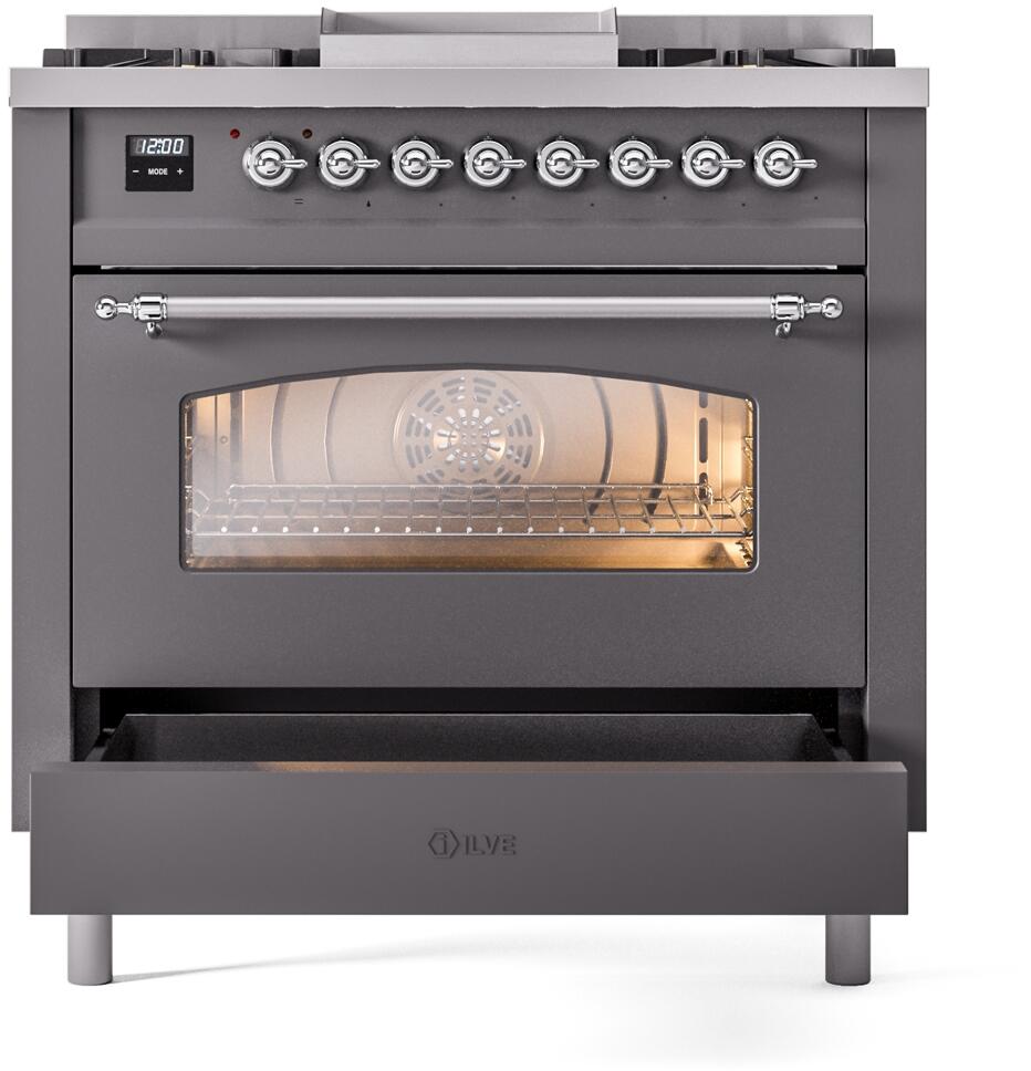 Matte graphite freestanding range front view with oven window and chrome handle