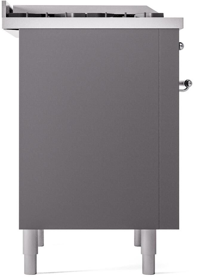 Matte graphite freestanding range side panel with chrome control handle and legs