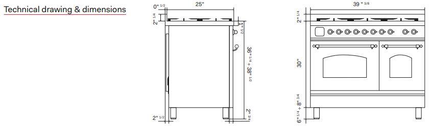 Technical drawing showing range dimensions and control panel layout