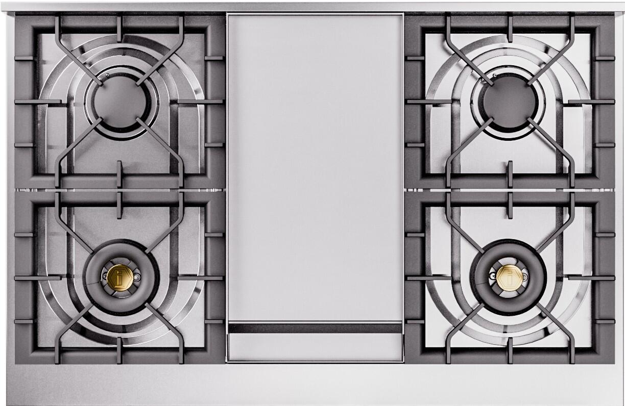 Stainless steel dual-fuel range cooktop with two burners and brass-centered caps
