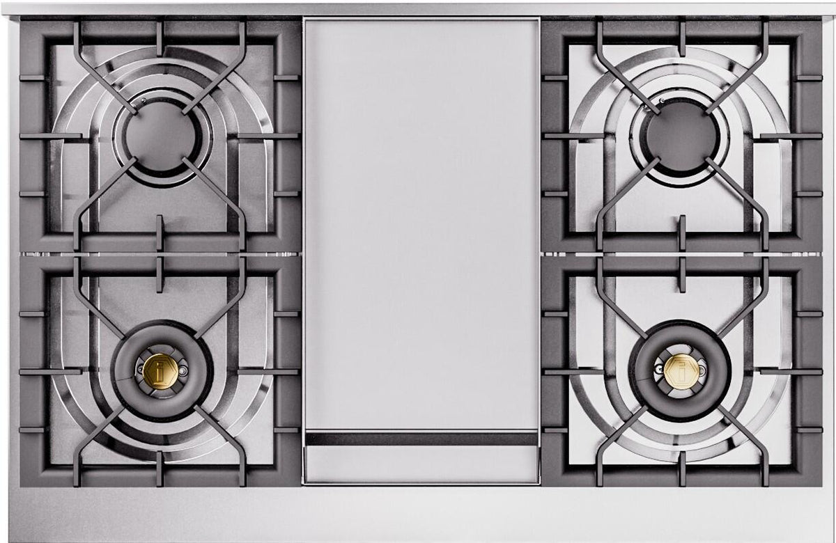 Dual gas burner grates on glossy black range cooktop with bronze ring details
