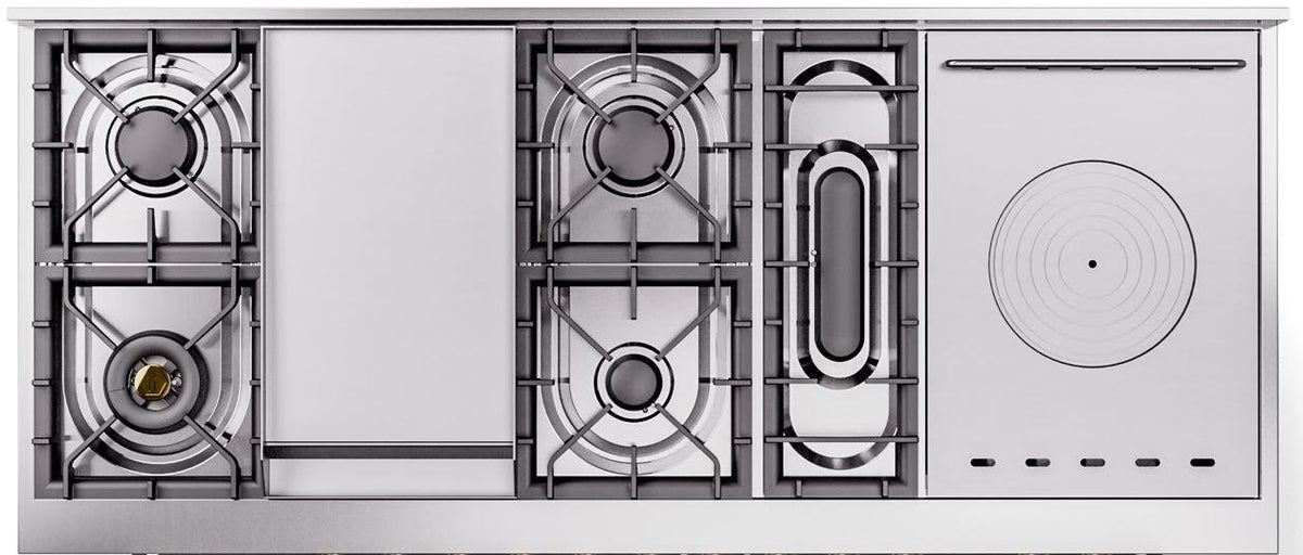 Dual fuel range cooktop with multiple gas burners and a griddle surface
