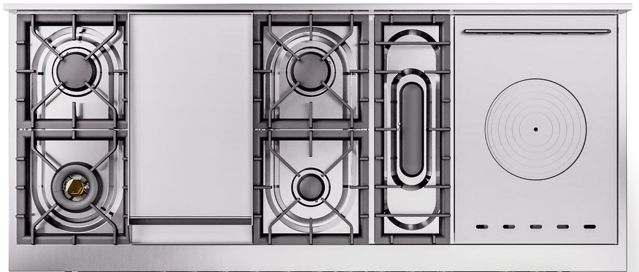 Dual fuel gas range cooktop with four burners and French-top plate, stainless steel