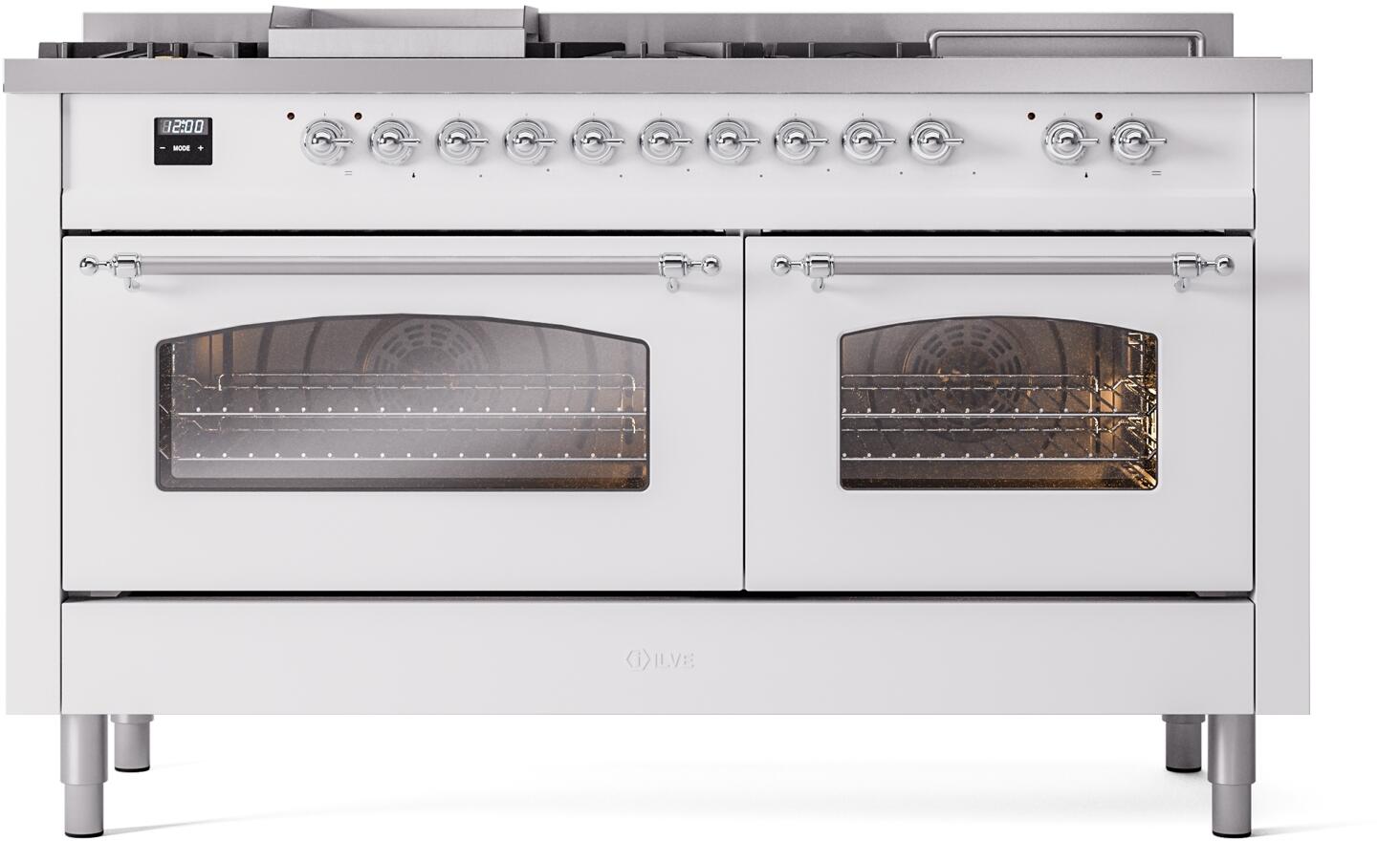 White dual oven range with two glass door windows and front control knobs