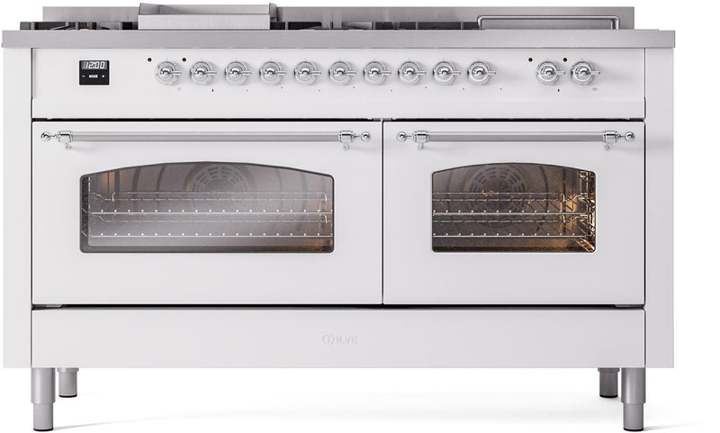 ILVE Nostalgie II 60-Inch Dual Fuel Range with 7 Burners, Griddle, & French Top with Triple Glass Door Oven in White with Chrome Trim (UP60FSNMPWHC)