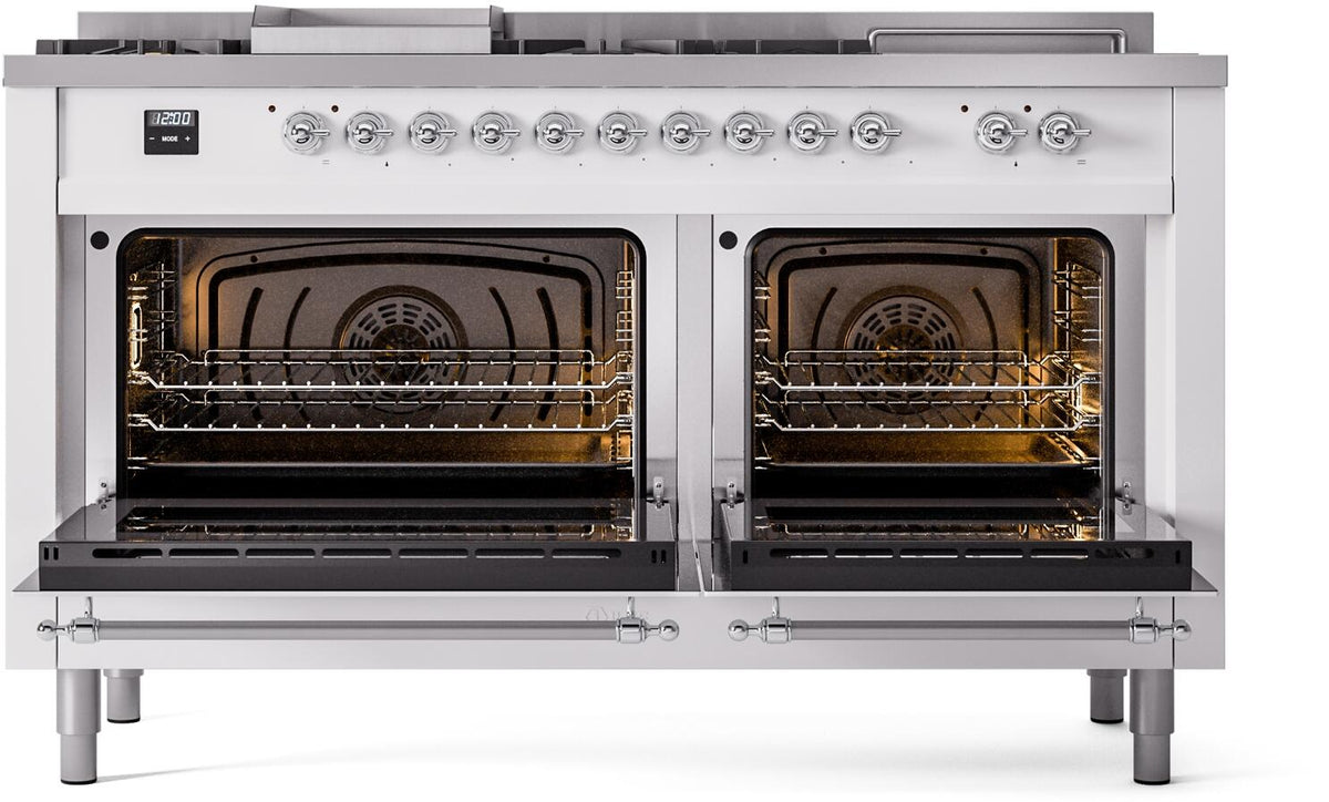 White dual fuel range with both oven doors open, showing oven racks inside