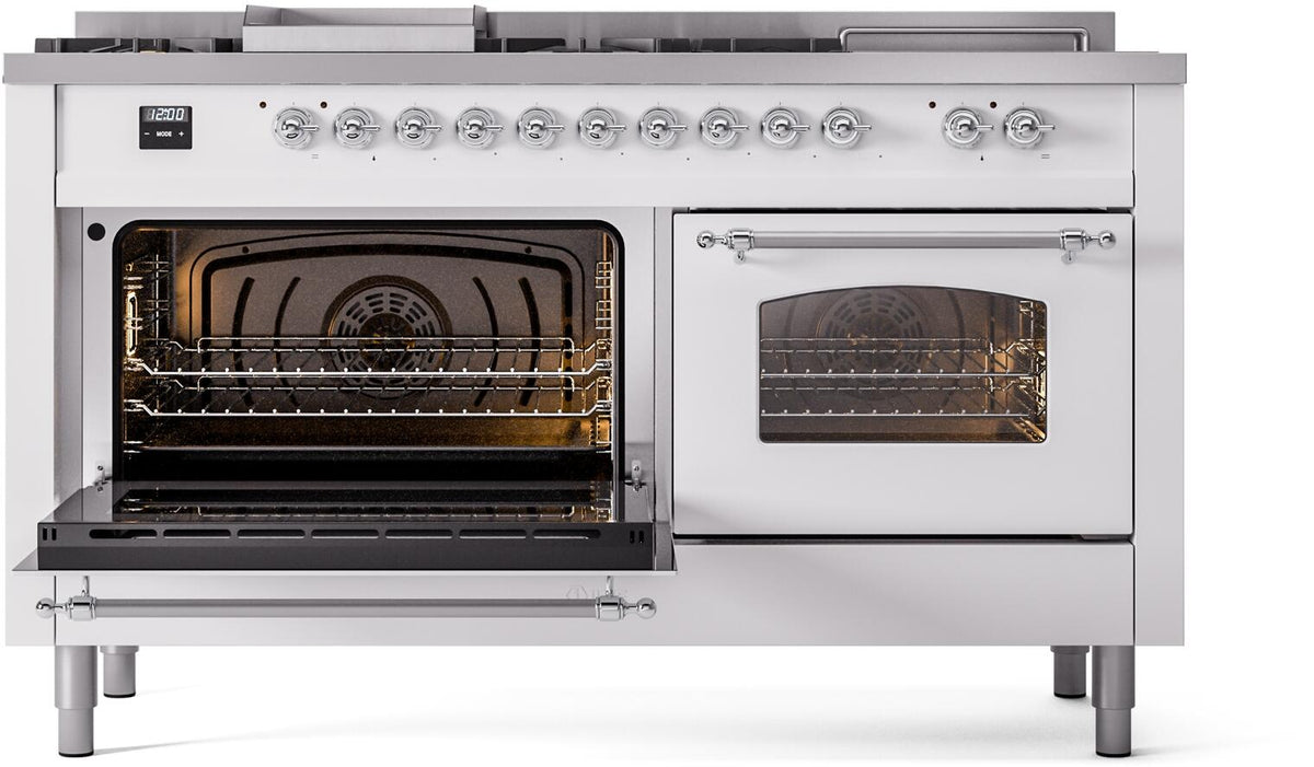 White ILVE dual fuel range with one oven door open and the other closed, racks visible