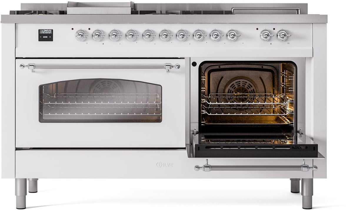 White dual fuel range with right oven door open and left oven door closed