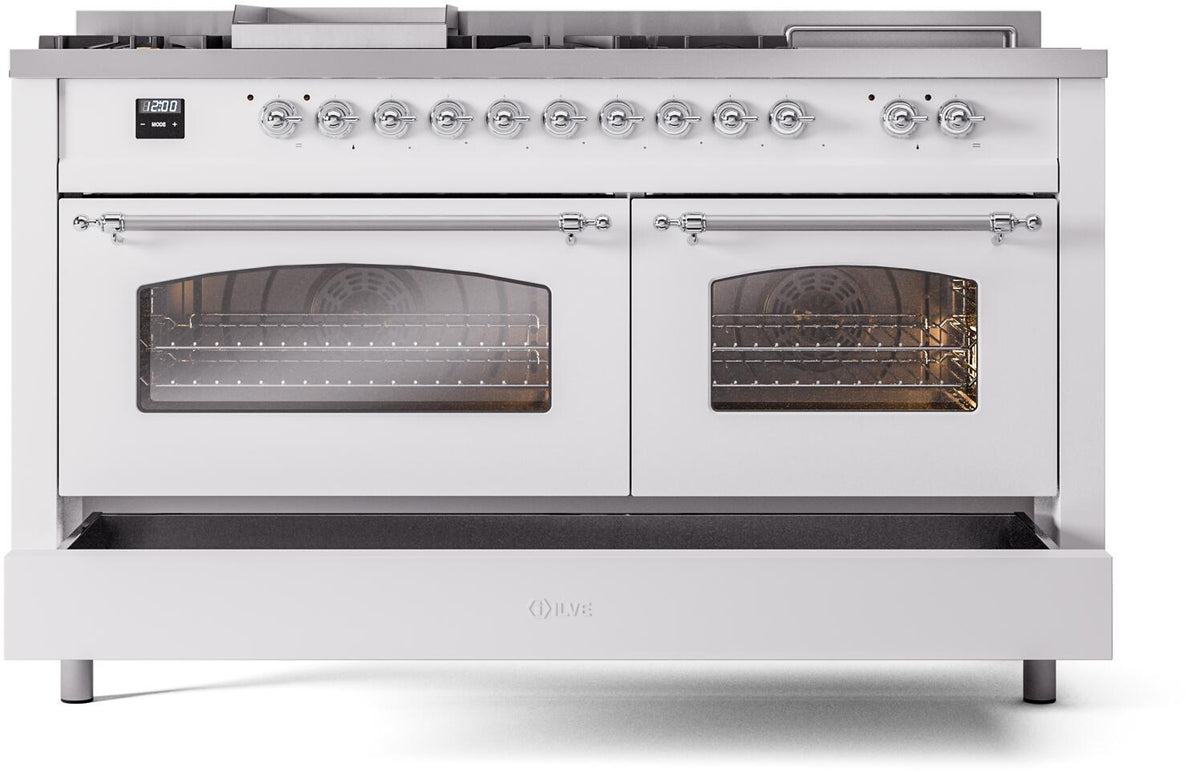 White dual fuel range with two closed oven doors and glass viewing windows