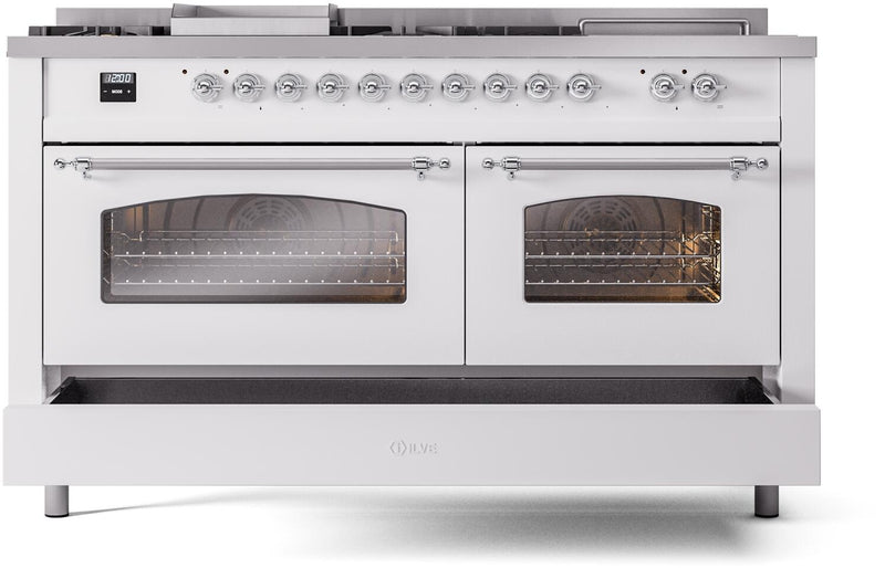 ILVE Nostalgie II 60-Inch Dual Fuel Range with 7 Burners, Griddle, & French Top with Triple Glass Door Oven in White with Chrome Trim (UP60FSNMPWHC)