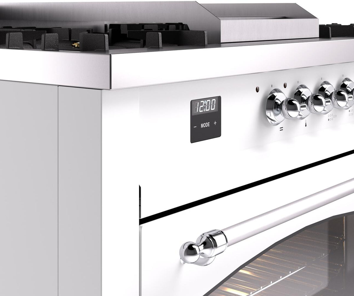 White ILVE range control panel with clock display, chrome knobs, and door handle