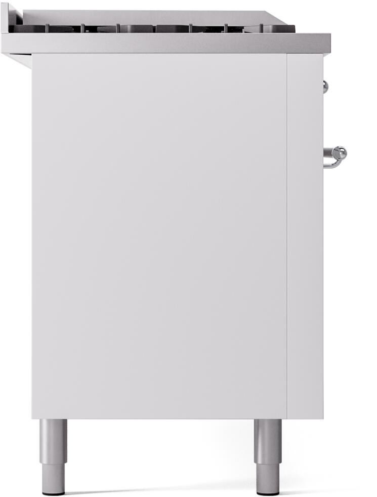 White ILVE range side panel with chrome handle and leveling feet, framed design