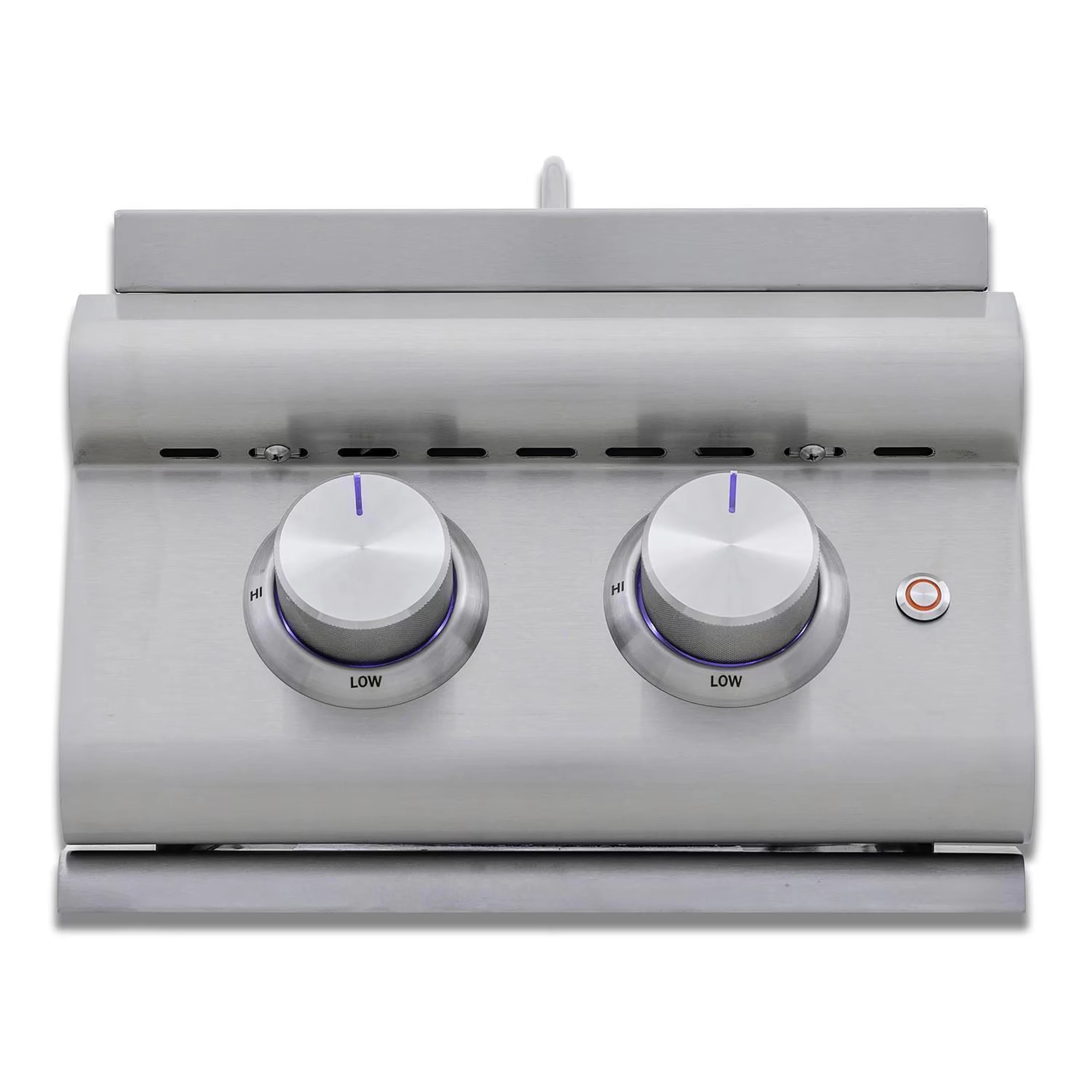 Stainless steel double-burner propane grill front with two knob controls