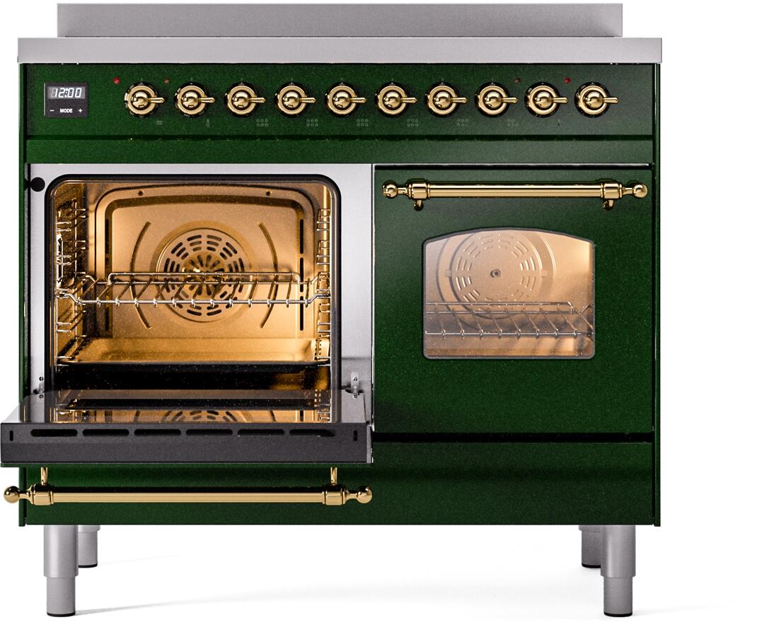 Emerald green electric range with one oven door open, brass handle, racks inside