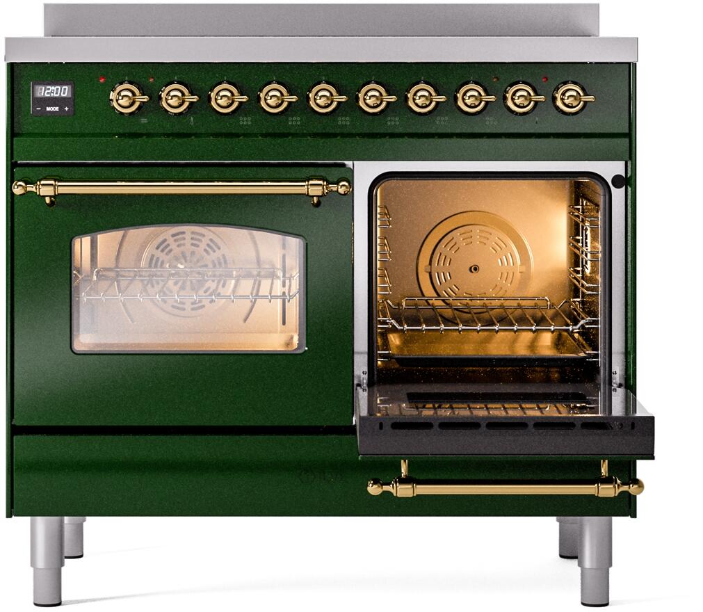 Emerald green electric range with two oven windows and an open right oven door