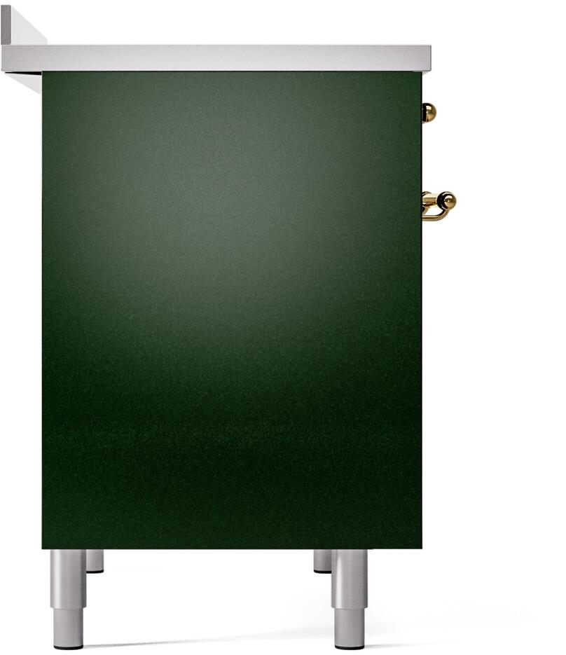 Emerald green side panel of electric range with brass handle and leveling feet