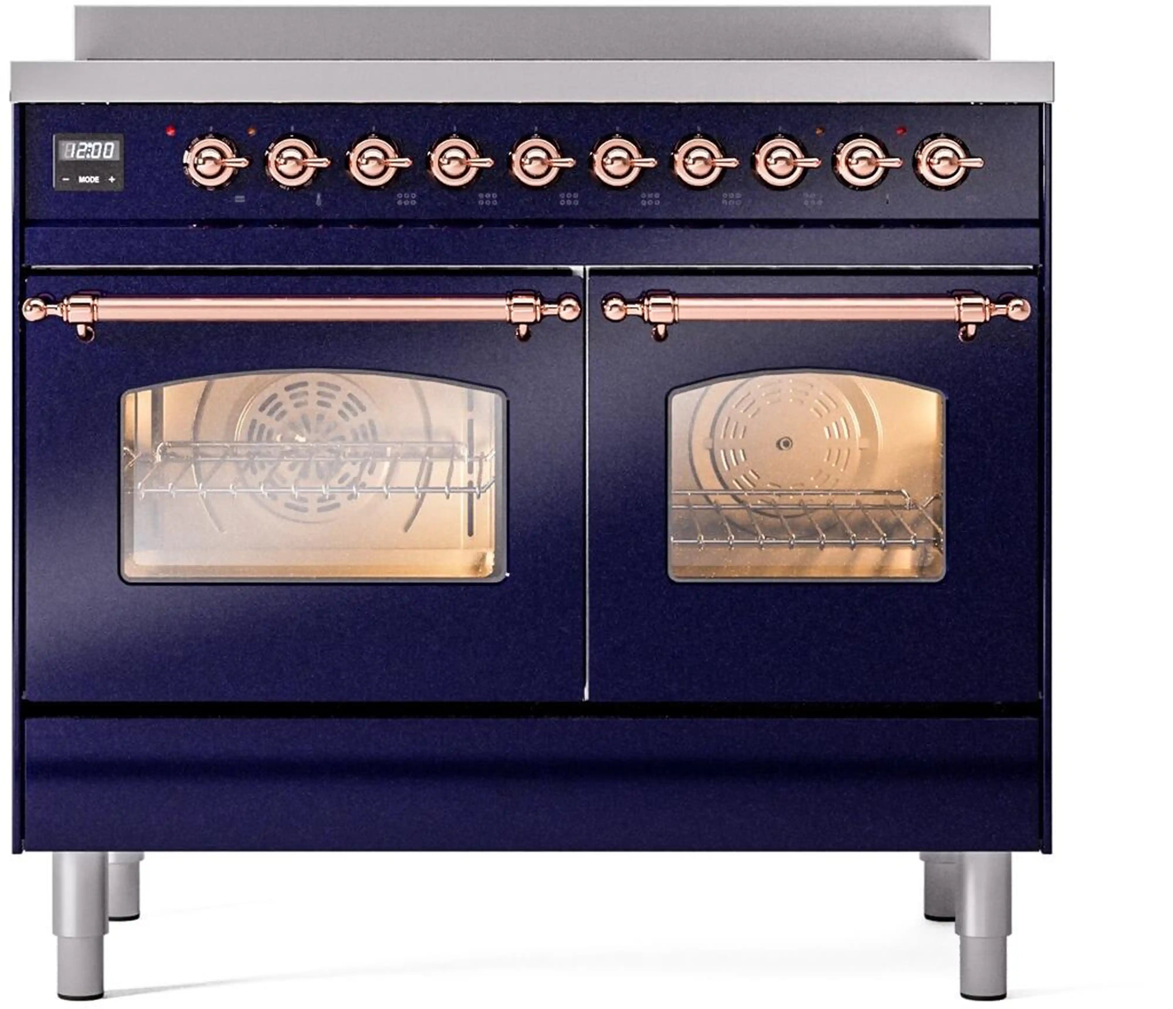 Freestanding electric induction range, midnight blue with copper knobs and two oven doors open