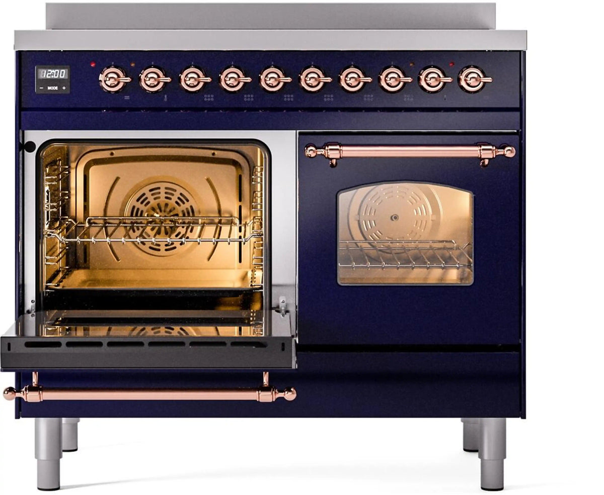 Freestanding electric induction range, midnight blue with copper-trim control panel and open oven door