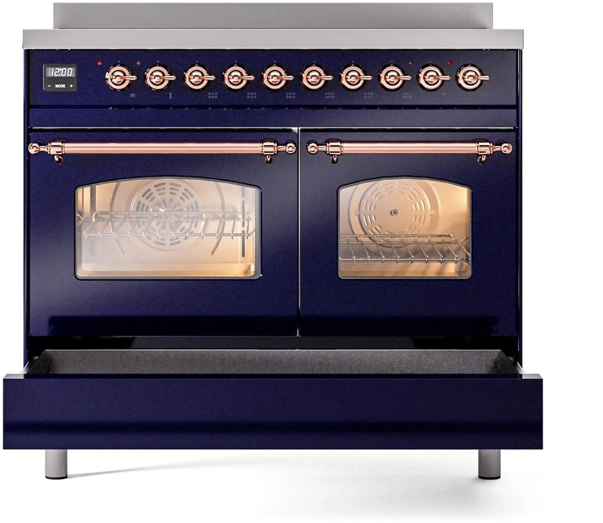 Freestanding electric induction range, midnight blue front with two glass oven windows and copper knobs