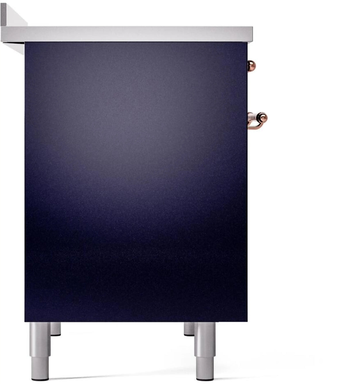 Midnight blue oven side panel with white leveling feet and copper hardware detail