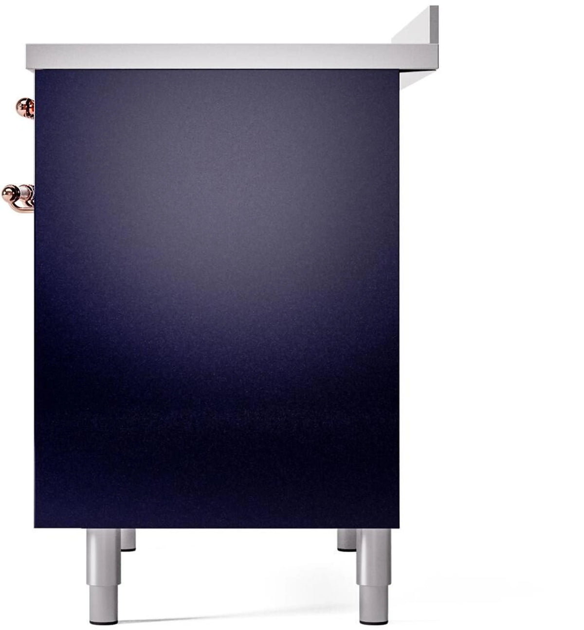 Midnight blue induction range side panel with white leveling feet and small copper hardware