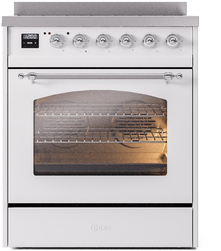 Freestanding electric induction range in white with chrome-trim oven door and control knobs