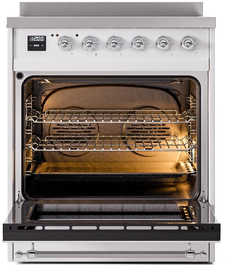 Freestanding electric induction range with open oven showing metal racks and interior heating area