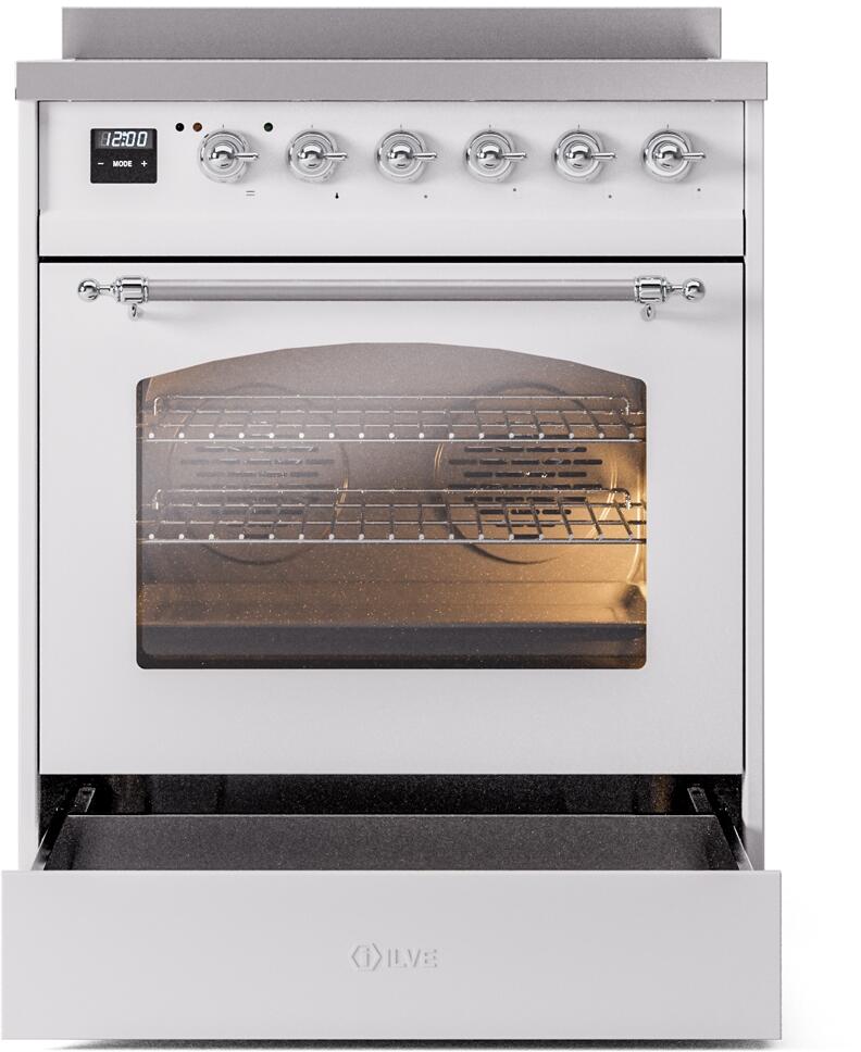 Freestanding electric induction range with oven door window showing lit heating elements and racks