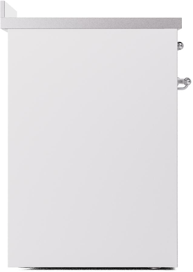 White freestanding electric induction range rear section with smooth side panel and handle