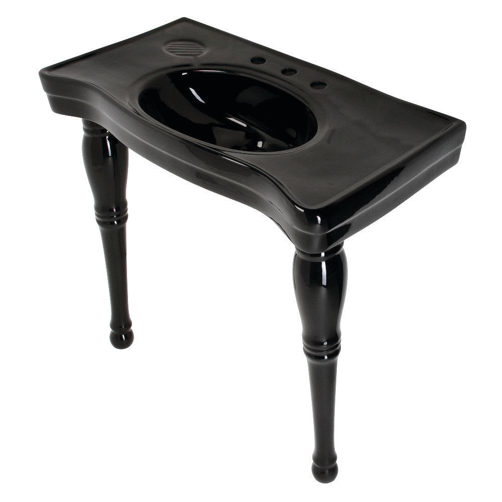 Black glossy ceramic console sink with legs and single basin